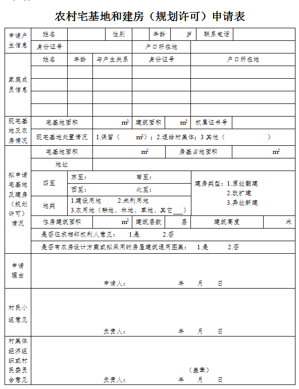 农村宅基地建房规划许可申请表
