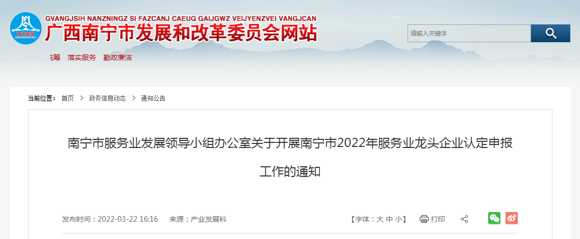 开展南宁市2022年服务业龙头企业认定