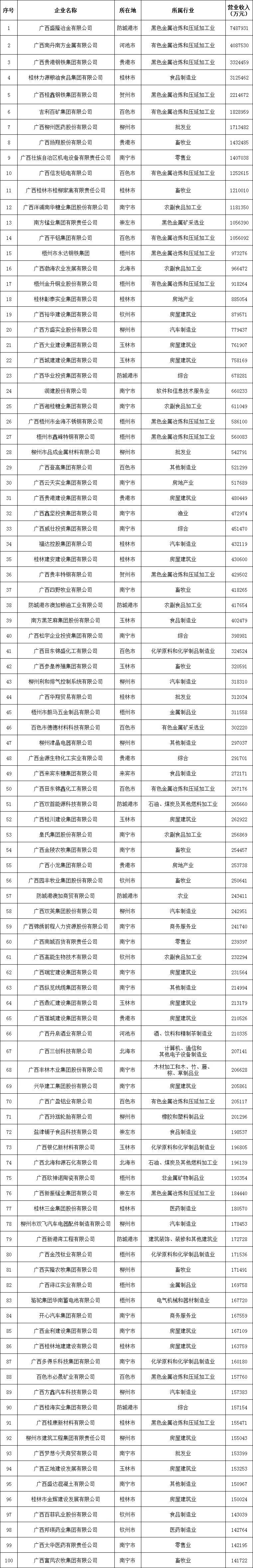 2022广西民营企业100强榜单